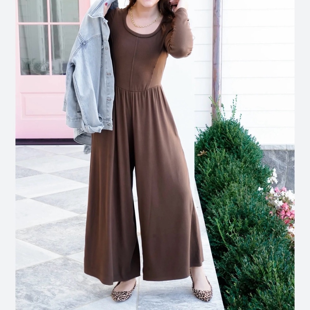 Very J-Brown knit wide leg jumpsuit similar to Free People NWT​